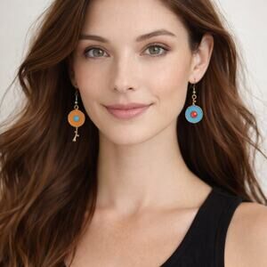 Bohemian Asymmetric Blue - Orange - Copper Tone Earrings NWT